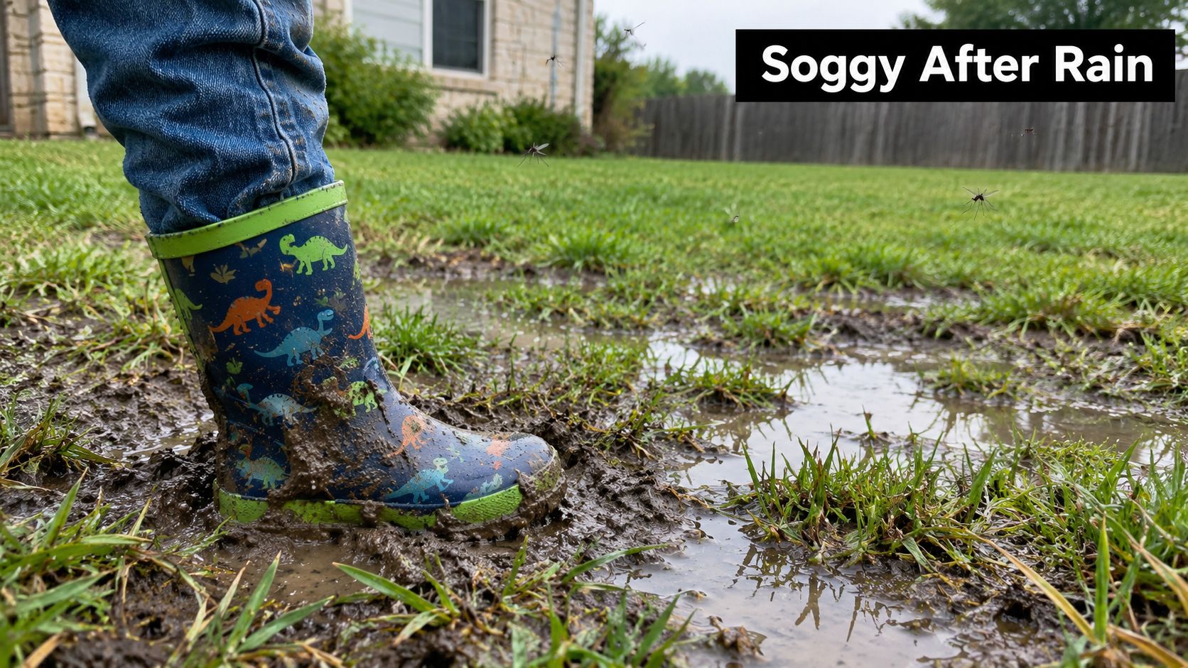 A child's muddy dinosaur rain boot standing in a water-filled puddle on a saturated grass lawn.
