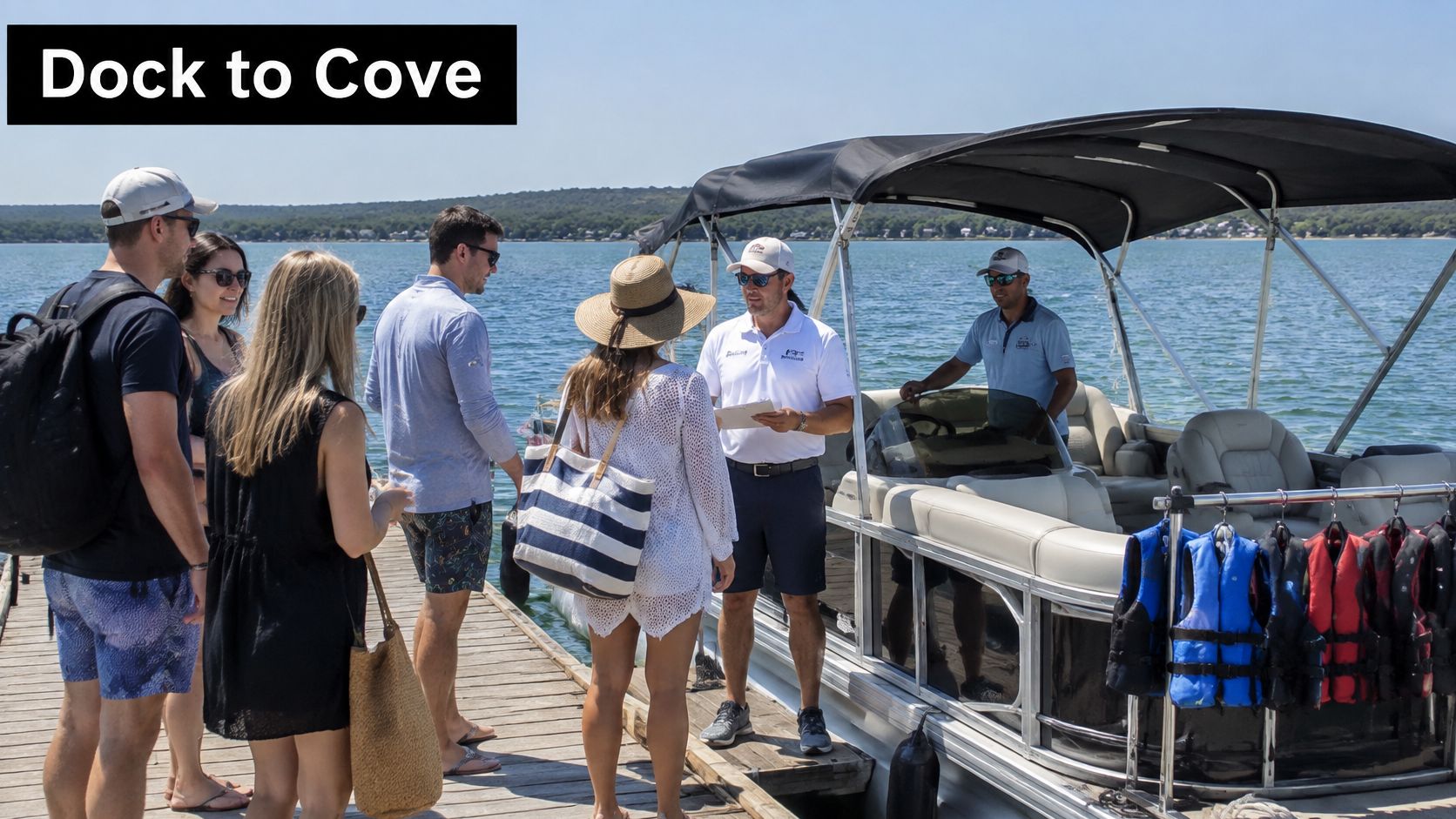 A group of people preparing to board a pontoon boat for a cruise on a sunny day.