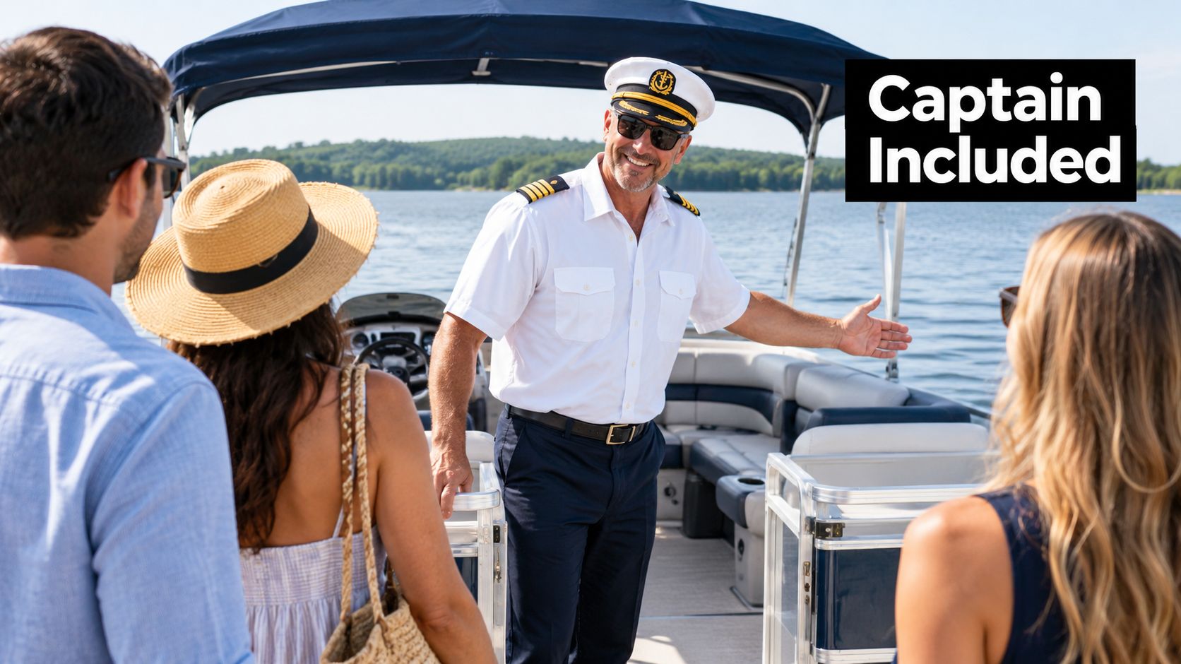 A professional boat captain wearing a uniform and hat welcomes guests aboard a pontoon rental boat.
