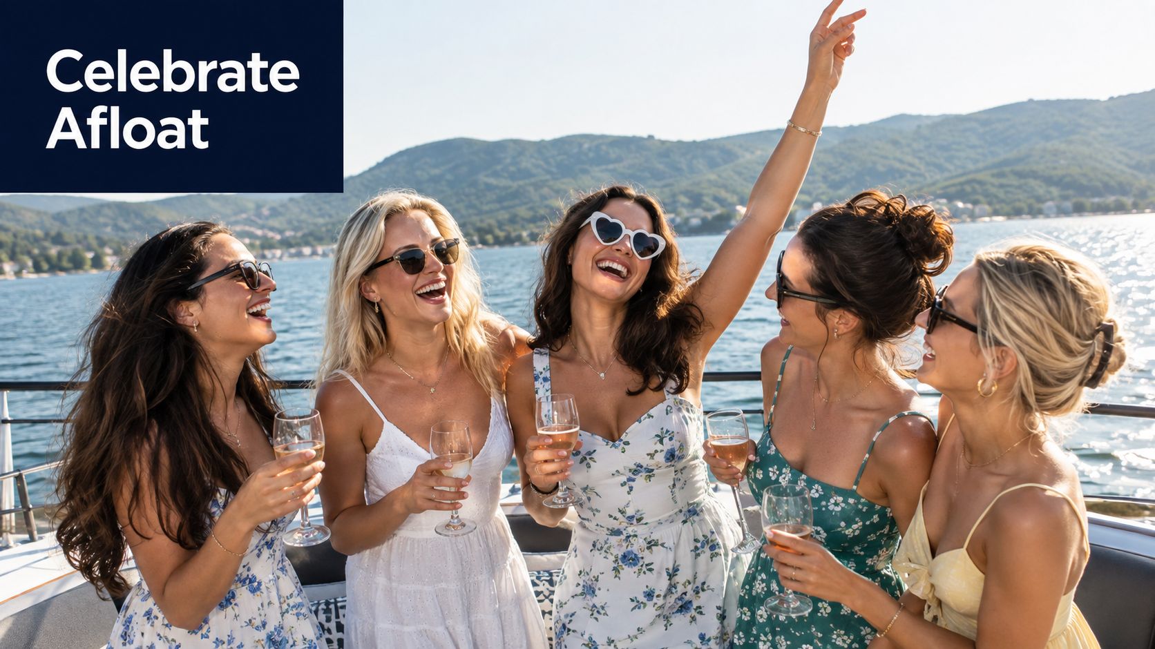 A group of five joyful women celebrating on a yacht deck with wine glasses in hand