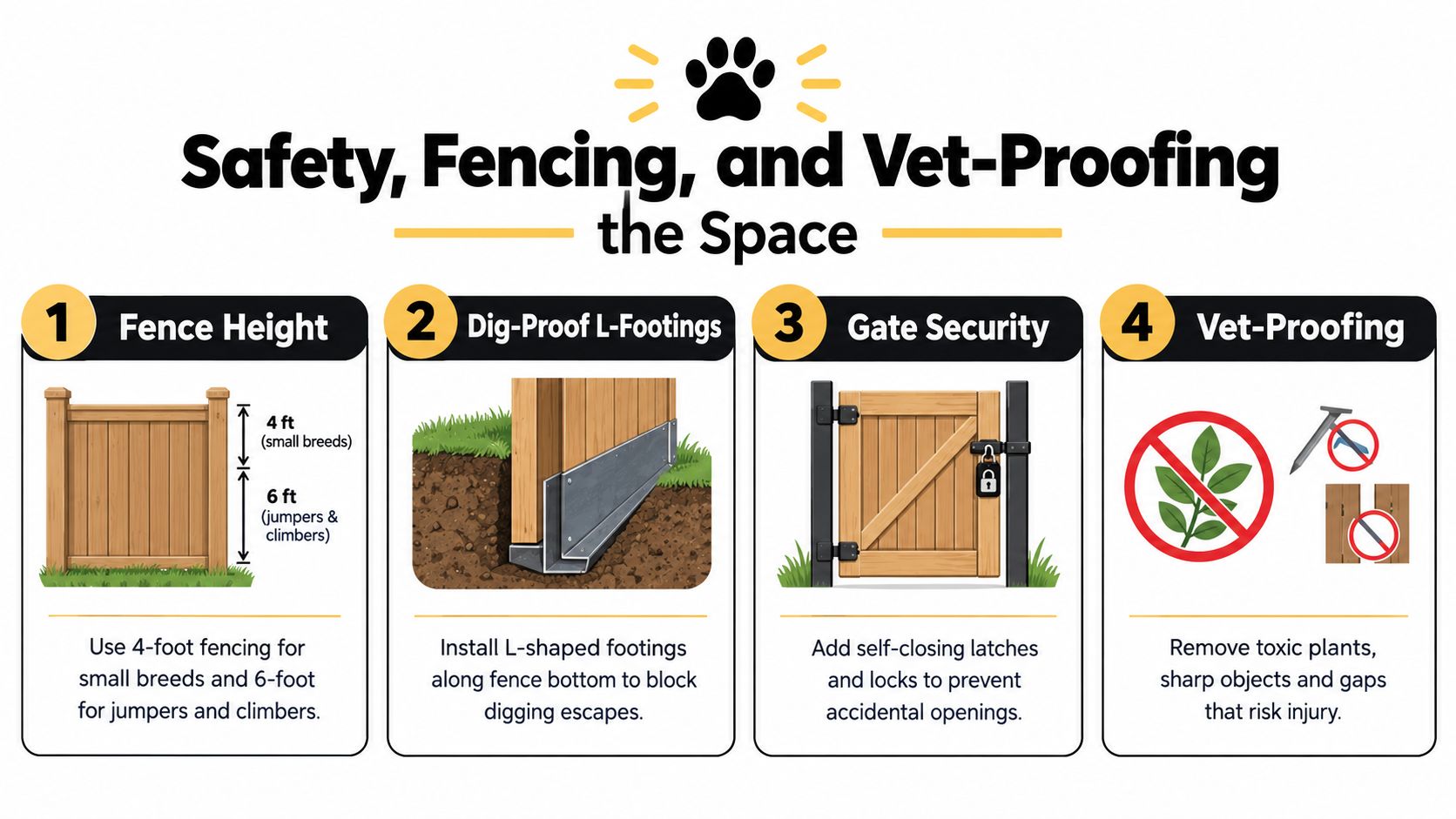 An infographic titled Safety, Fencing, and Vet-Proofing the Space showing four tips for securing a yard for dogs.