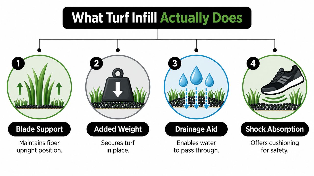 An infographic detailing four primary functions of turf infill: blade support, added weight, drainage aid, and shock absorption.