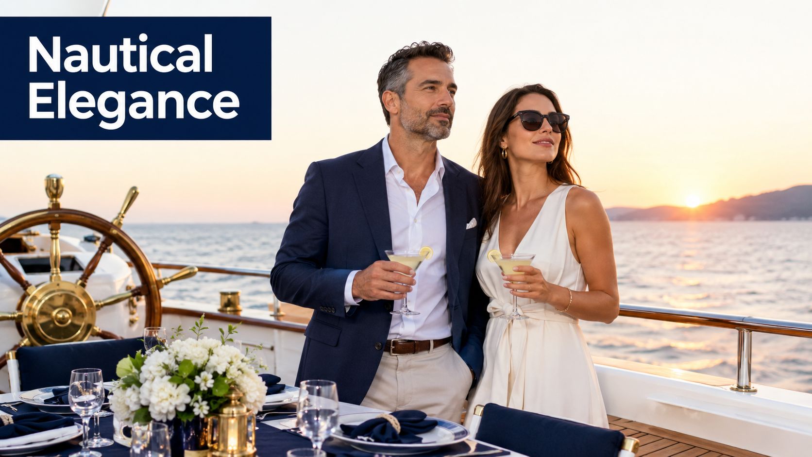 An elegant couple enjoying cocktails on a luxury yacht deck at sunset during an ocean-themed party.