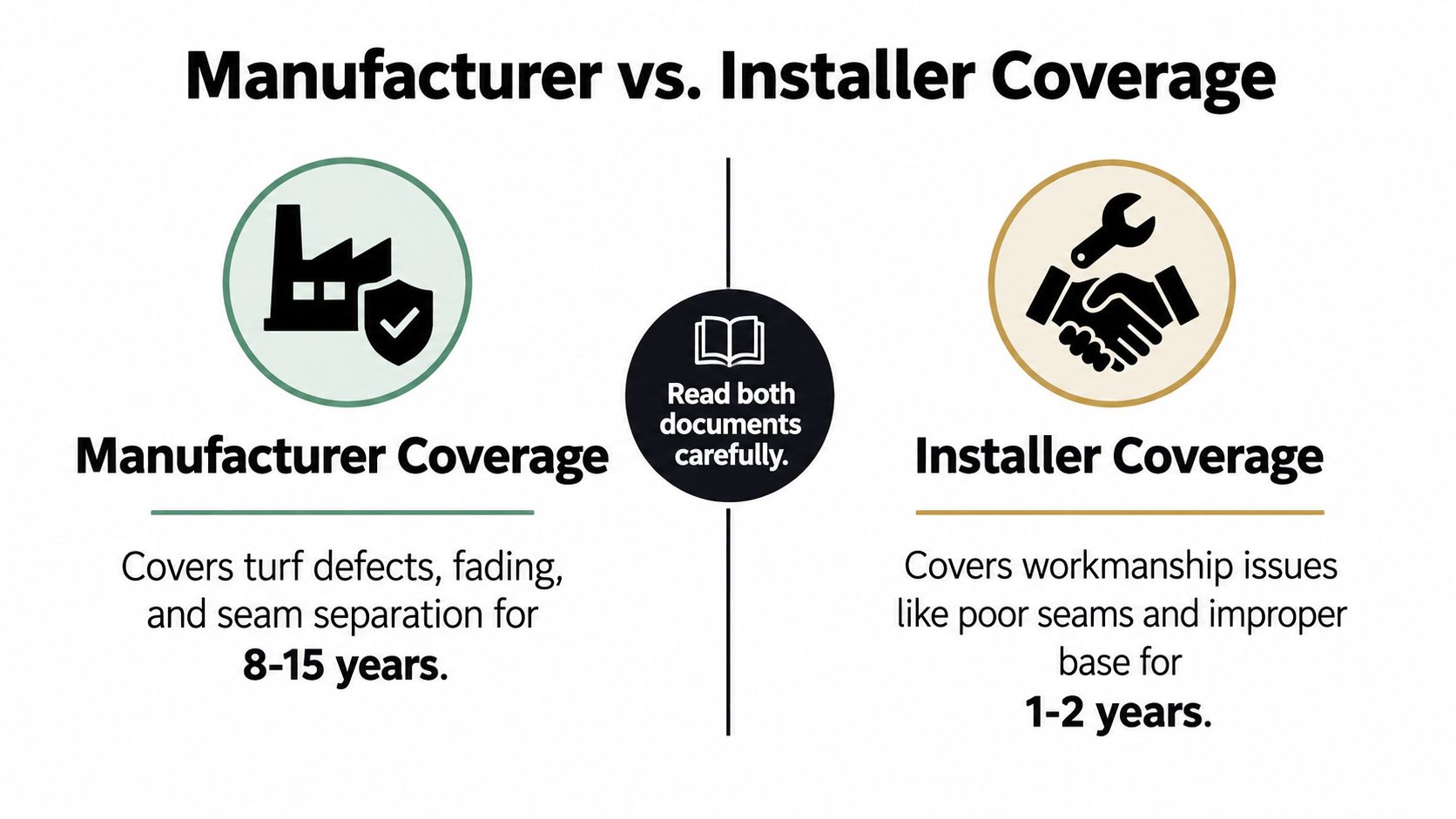 A comparison chart showing the differences between manufacturer warranties and installer warranties for artificial turf installation.