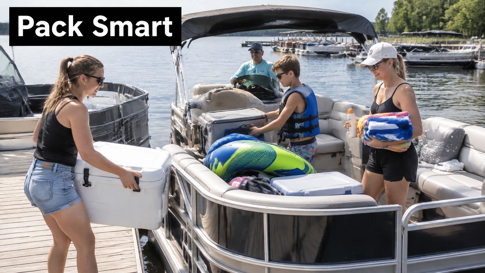 A family boarding a pontoon boat at a dock while loading coolers and supplies for a trip.