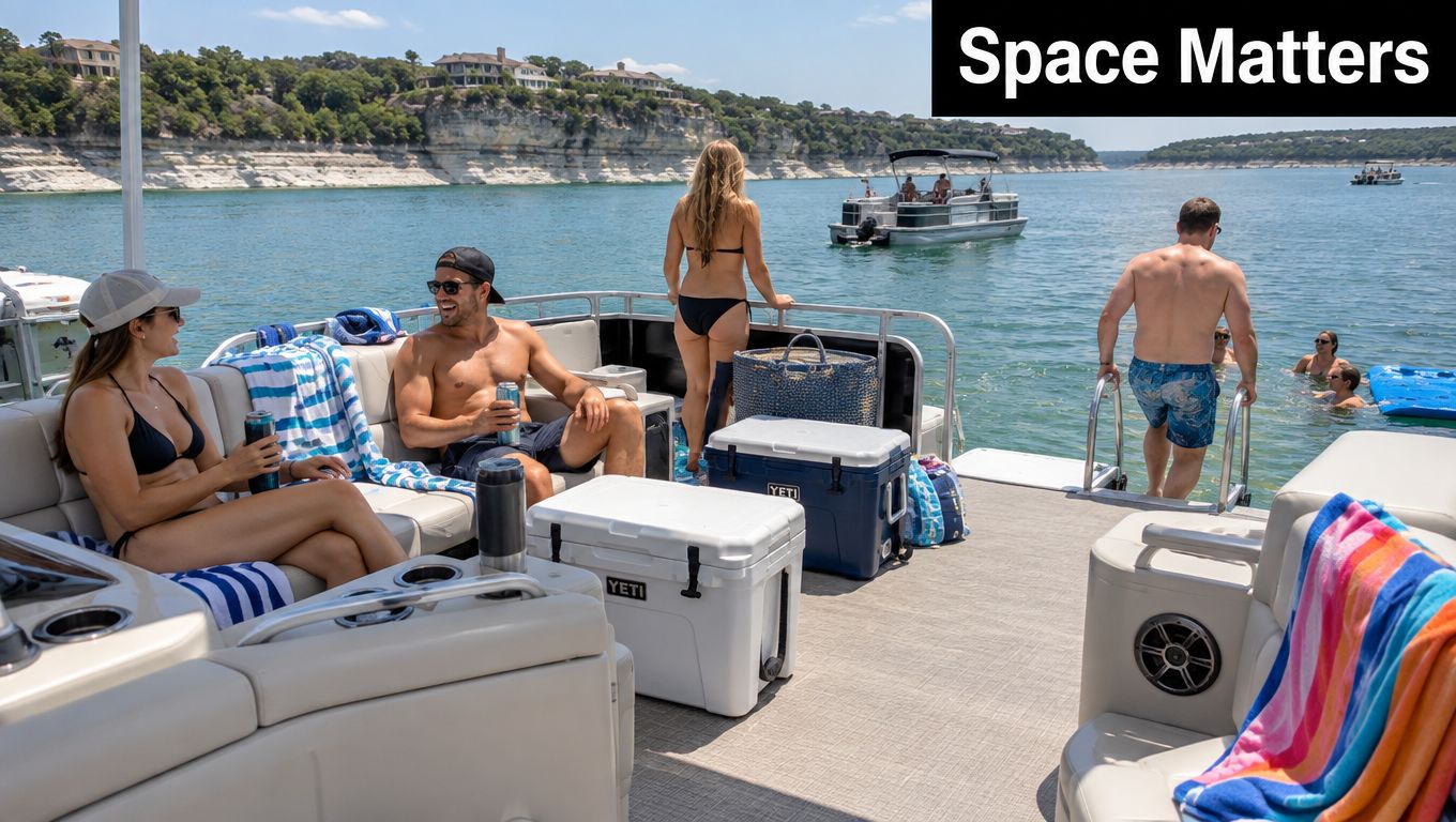 A group of friends enjoying a sunny day on a pontoon boat on a large lake.