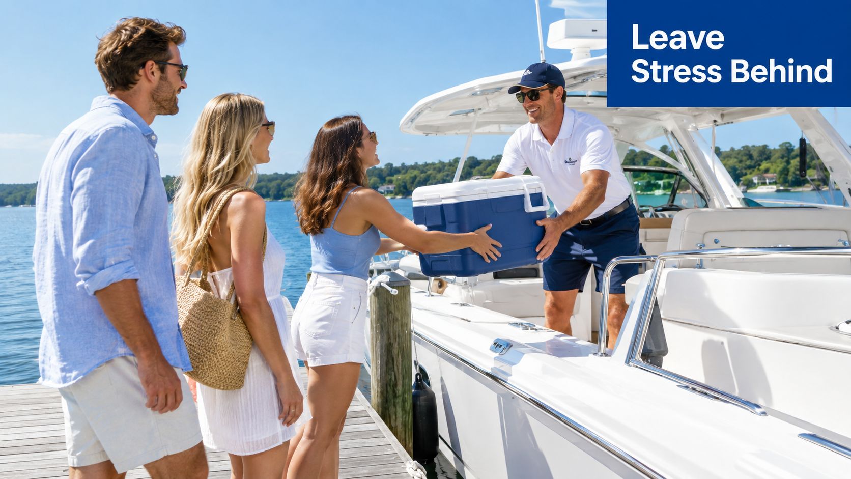 A crew member helping two guests board a boat while handing them a large blue cooler.