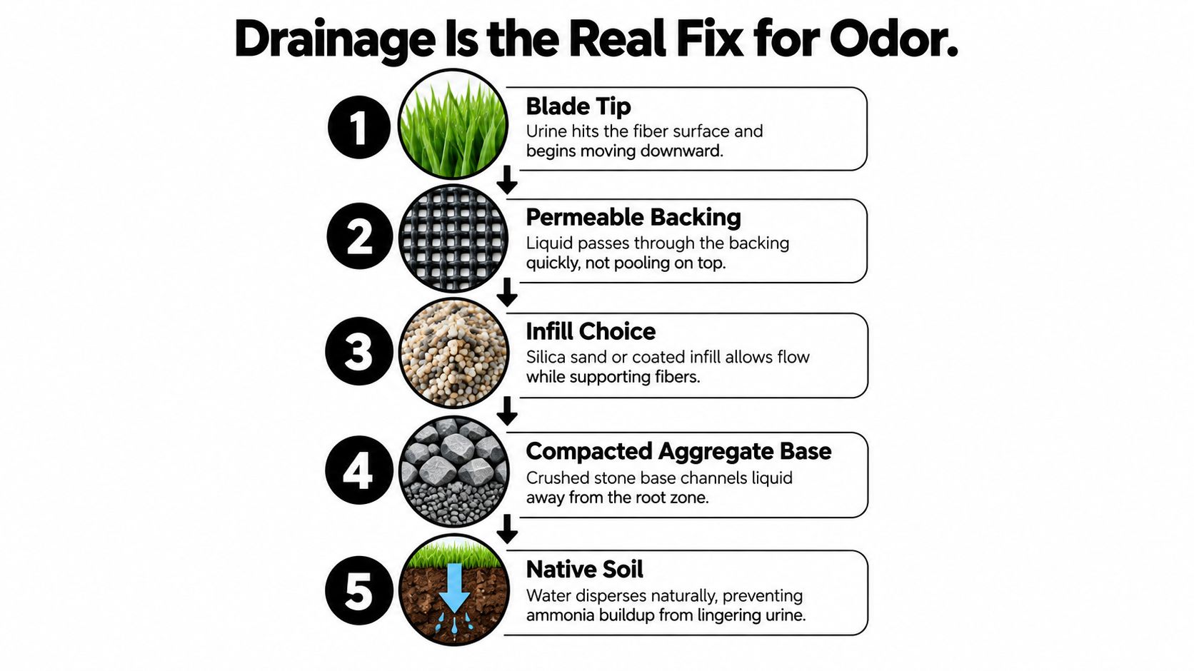 A diagram illustrating the five layers of artificial grass drainage to prevent dog urine odors.