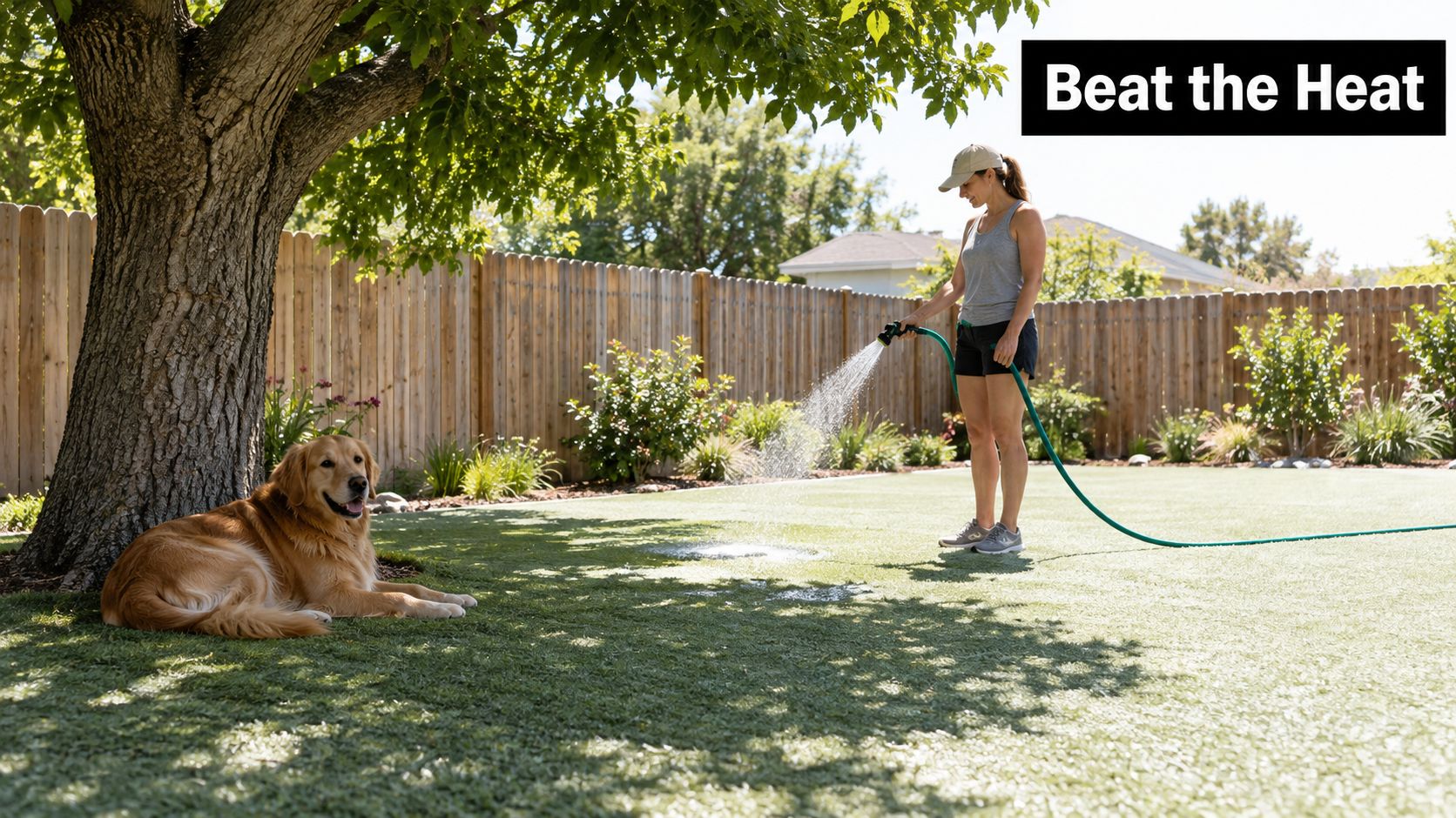 A woman sprays water on fake grass to cool it down while her golden retriever relaxes nearby.
