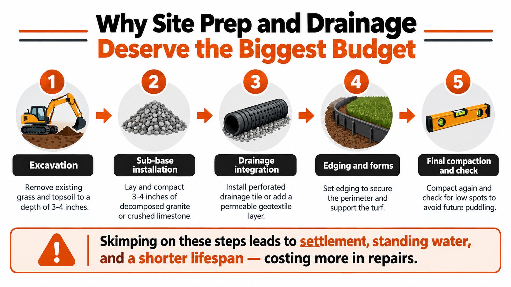 A five-step infographic showing the essential construction process for site preparation and drainage for outdoor projects.