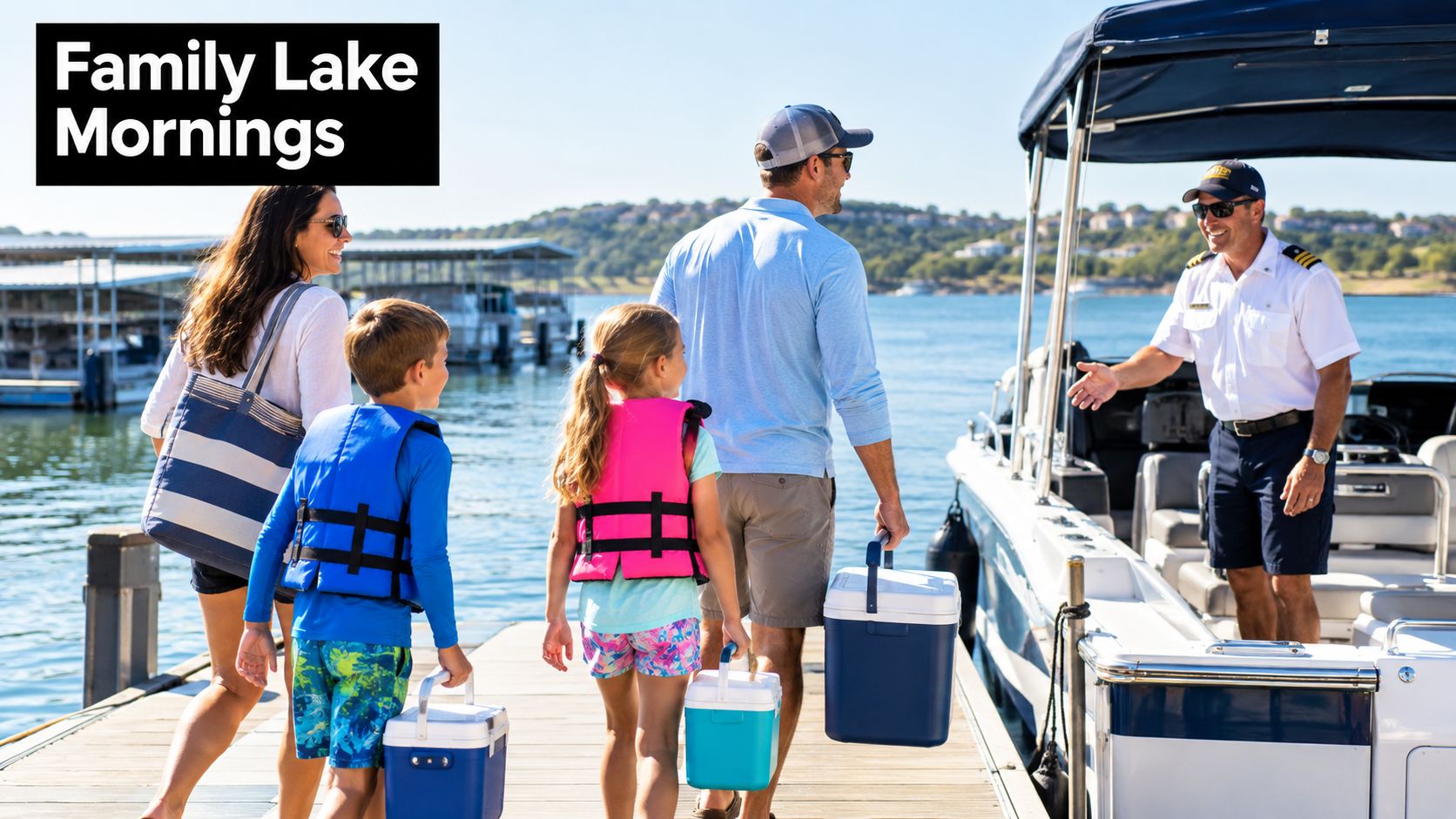 A happy family walking down a boat dock to greet a captain before a morning lake excursion.
