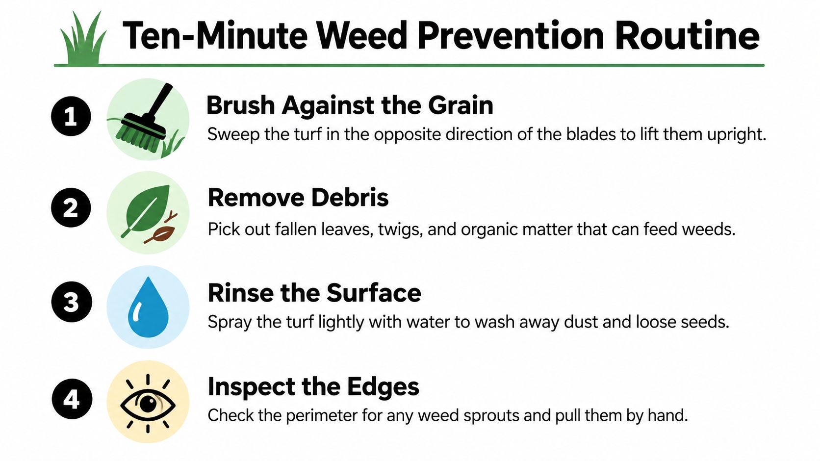 A four-step infographic illustrating a simple ten-minute routine for preventing weeds in artificial turf grass.