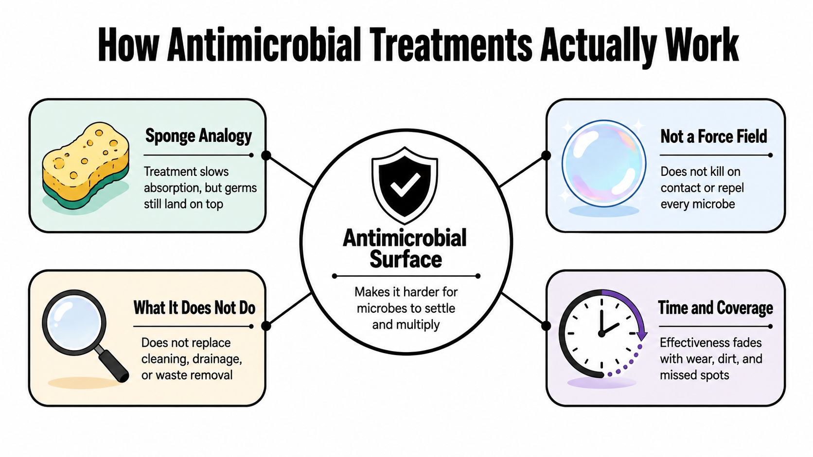 A diagram explaining that antimicrobial surfaces inhibit microbial growth rather than acting as a total repellent.