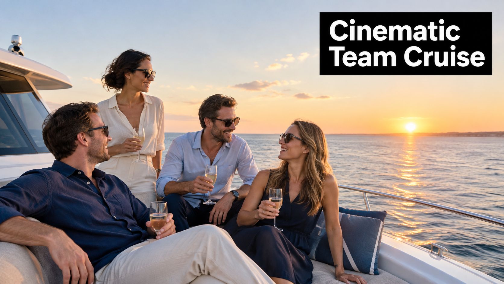 A group of professionals enjoying champagne on a luxury boat deck during a beautiful sunset cruise.