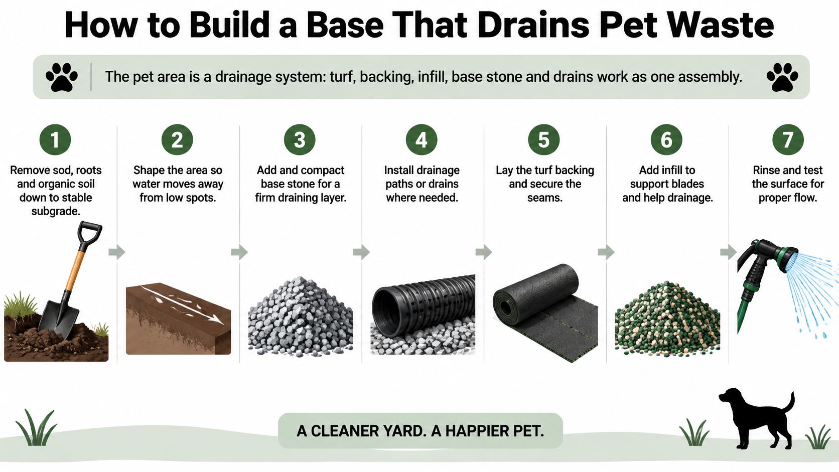 An infographic showing seven numbered steps for installing a pet friendly artificial grass drainage system.