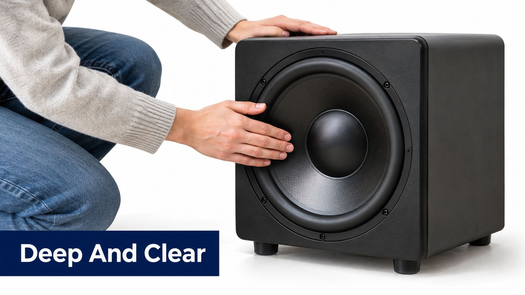 A person touching the large speaker driver of a black subwoofer on a white background.