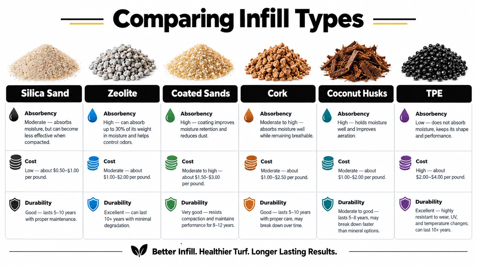 A comparison chart of different types of pet friendly turf infill including silica sand, zeolite, cork, and more.