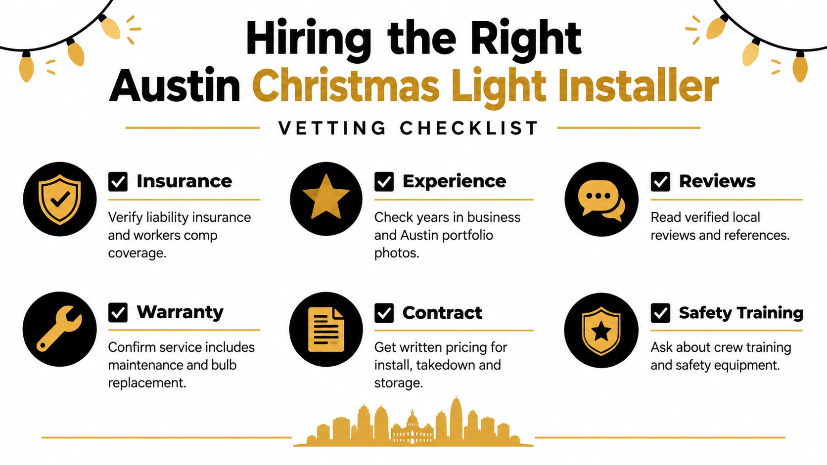 A helpful vetting checklist infographic for choosing a professional Christmas light installation service in Austin, Texas.