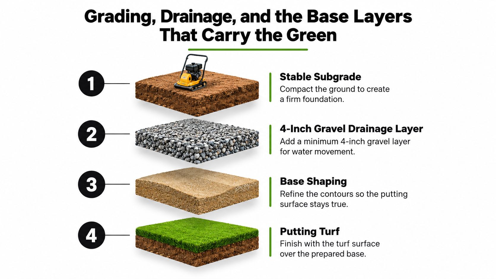 A diagram illustrating the four layers required for professional outdoor putting green installation, from subgrade to turf.