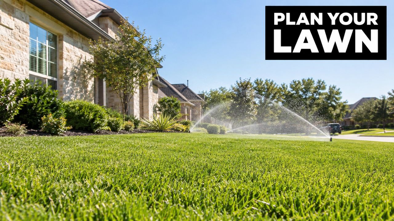 A lush green residential lawn being watered by an automated irrigation system on a sunny day.