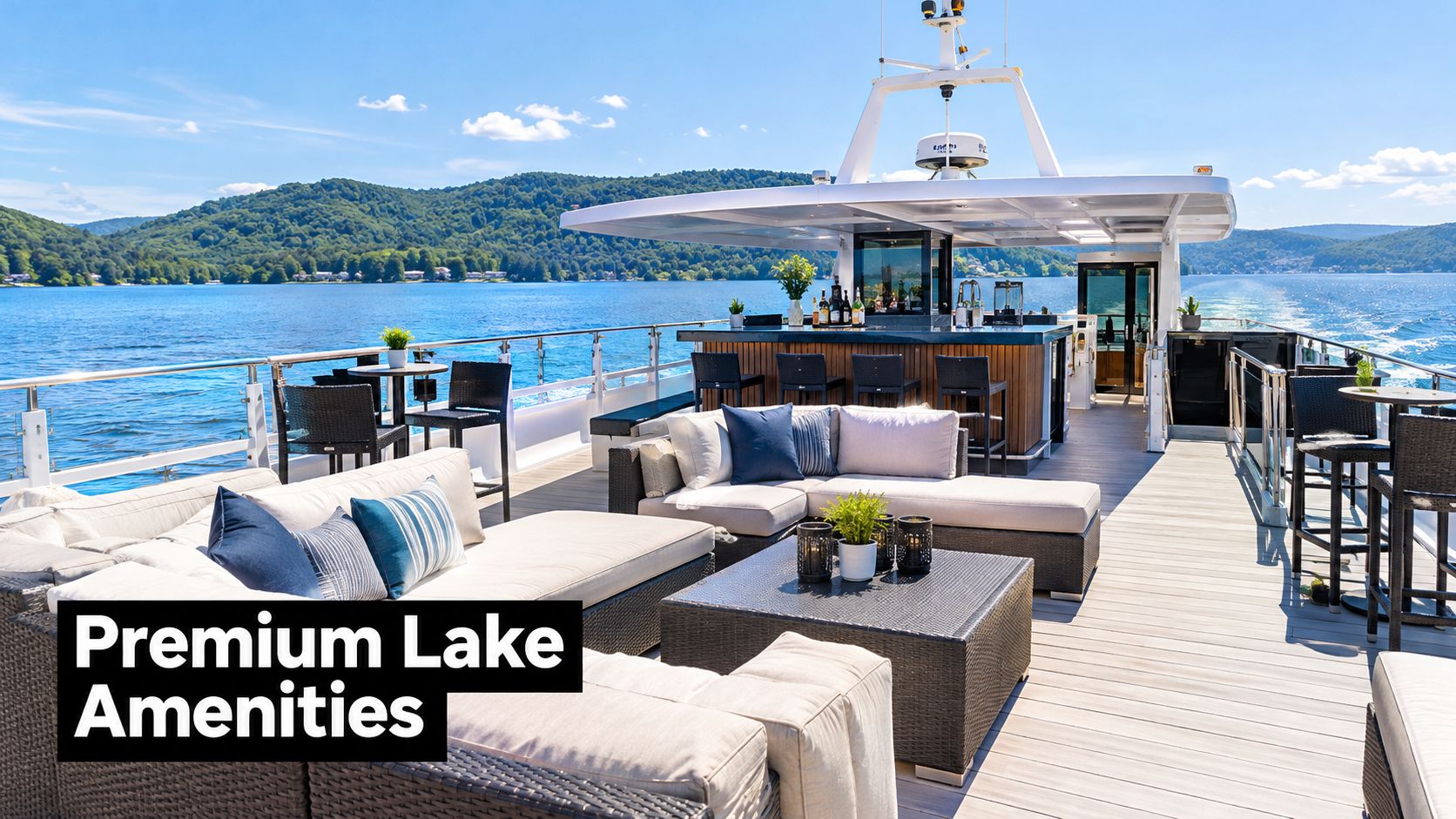 A luxurious open-air deck on a boat featuring comfortable lounge seating and a bar on a sunny day.