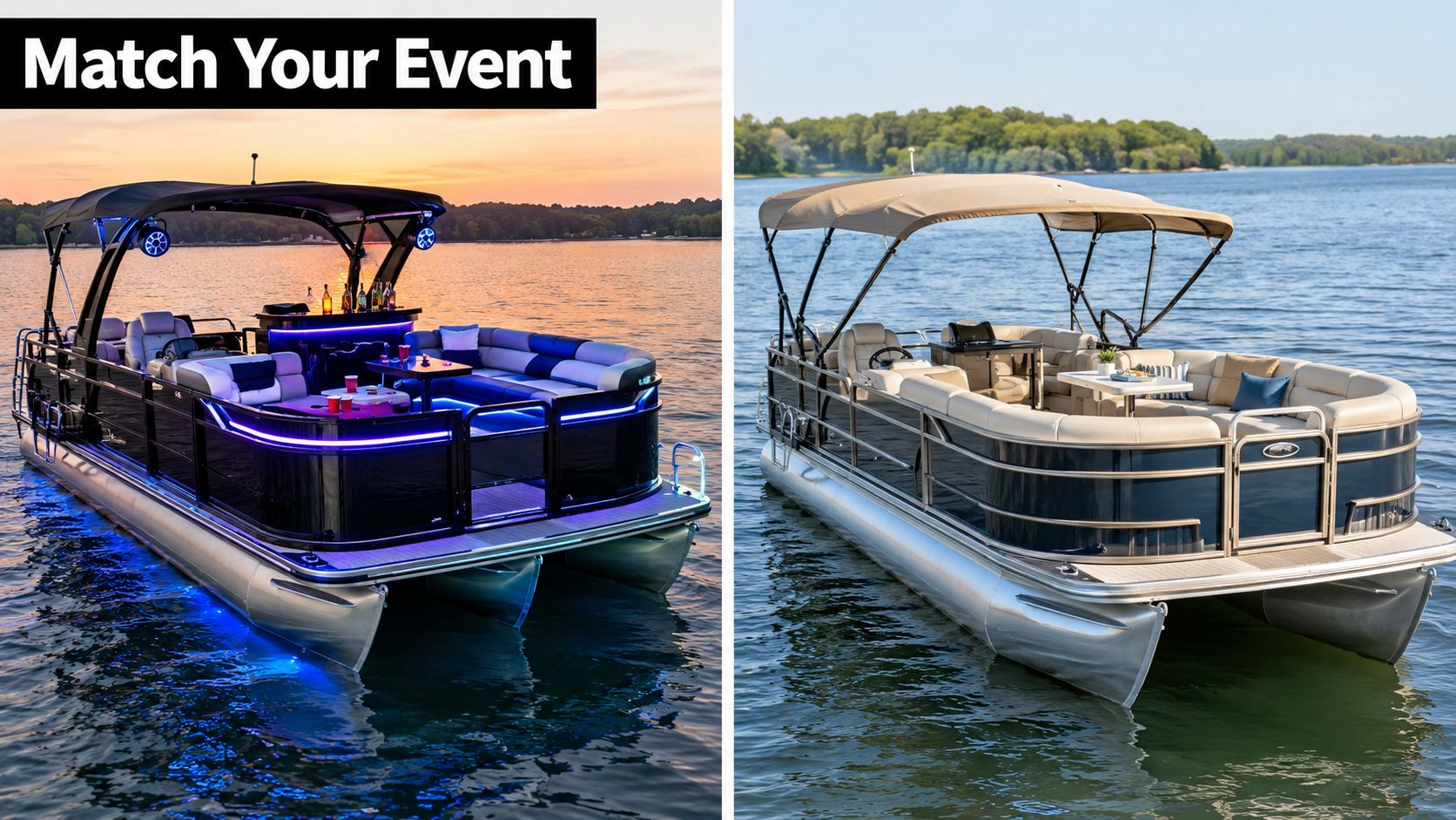A split-screen comparison showing a luxury pontoon boat configured for nighttime parties and daytime leisure activities.