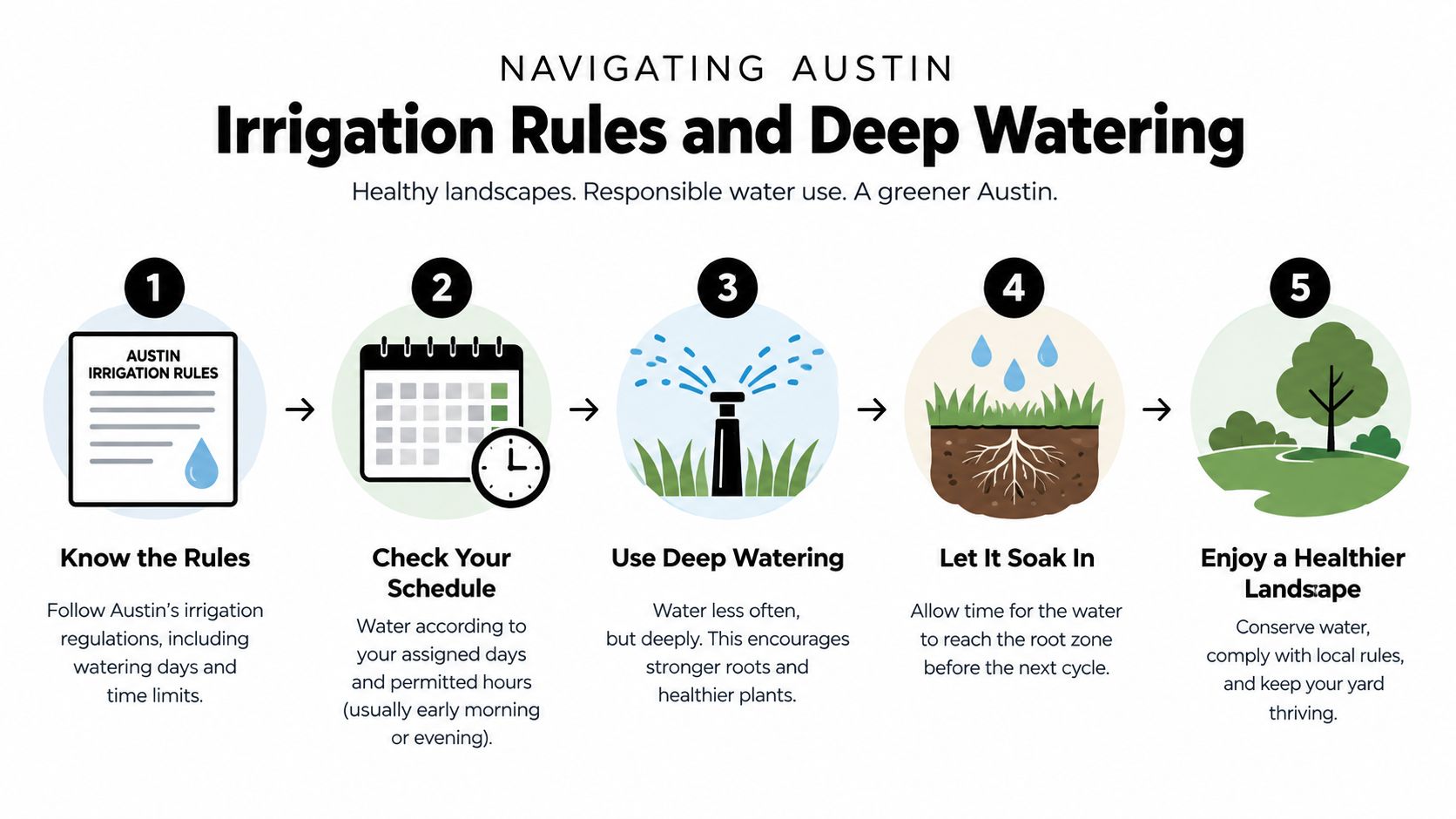 A five-step infographic guide on irrigation rules and deep watering techniques for healthy home landscapes in Austin.