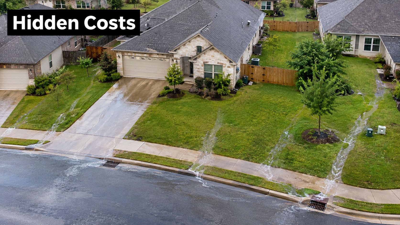 An aerial view of a suburban street showing rainwater runoff flowing from lawns into storm drains.