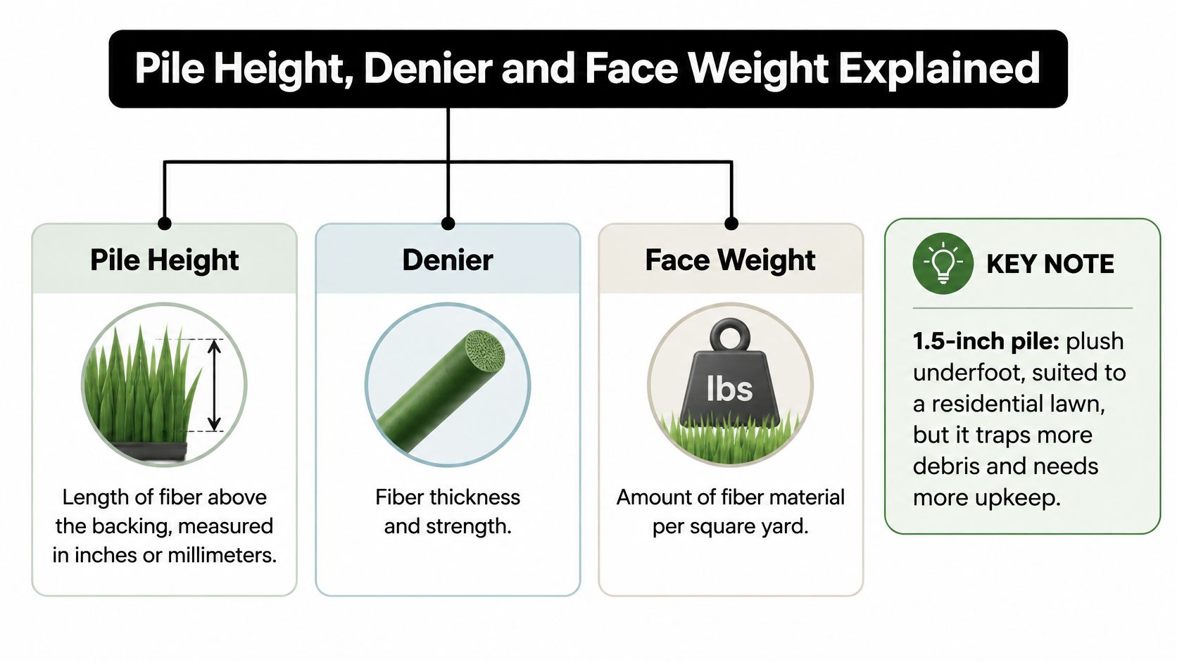 A diagram explaining artificial turf specifications, including pile height, denier, and face weight definitions.