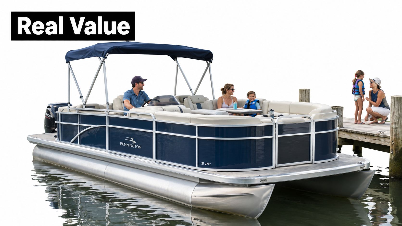 A family enjoys a sunny day on a blue Bennington pontoon boat docked at a wooden pier.