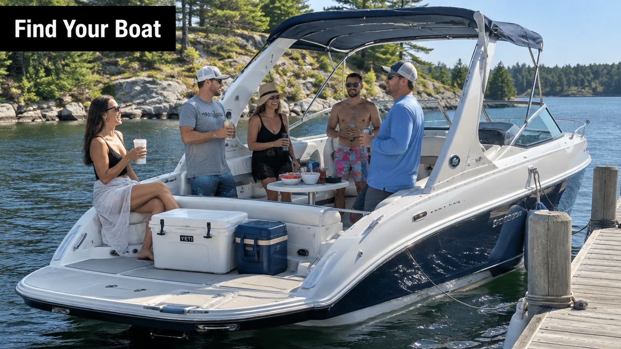 A group of friends relaxing and drinking on a modern motorboat docked at a wooden pier