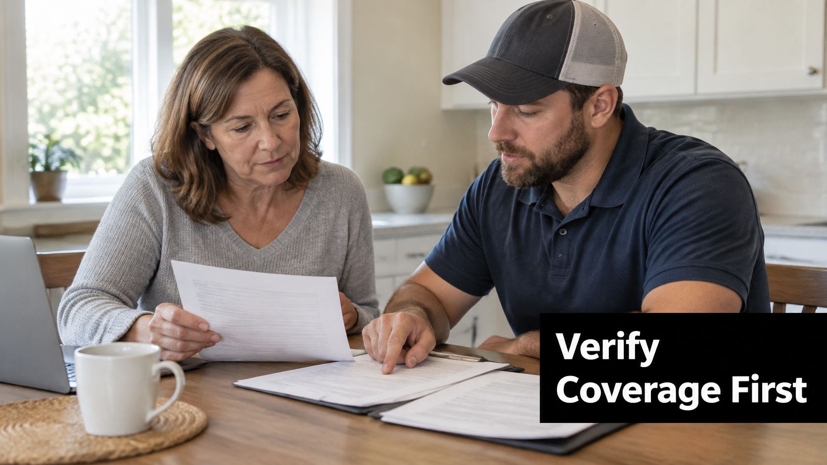 A woman and a contractor reviewing home repair insurance documents at a dining room table.