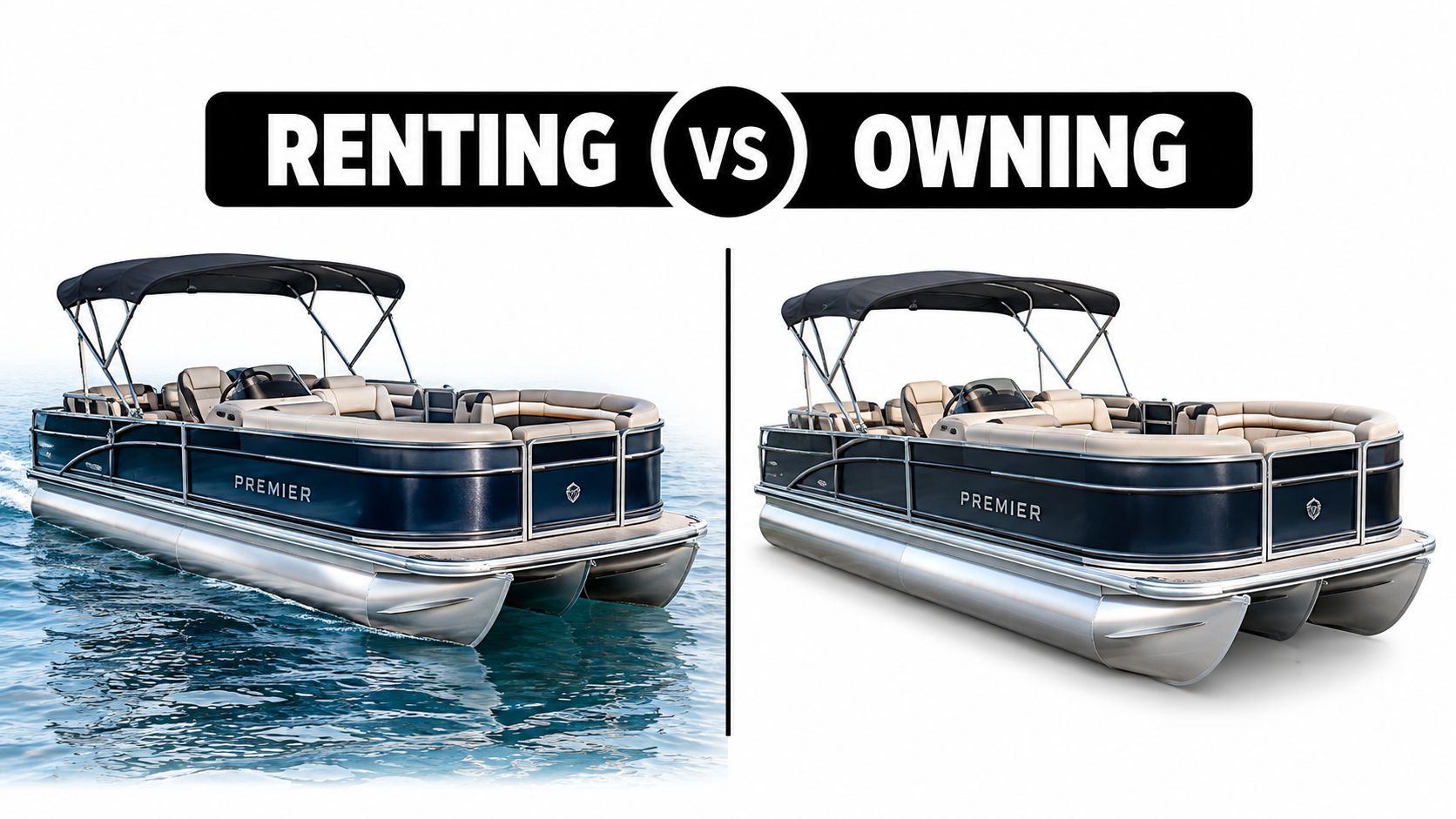 A side-by-side comparison of a Premier pontoon boat on water versus one isolated on white background.