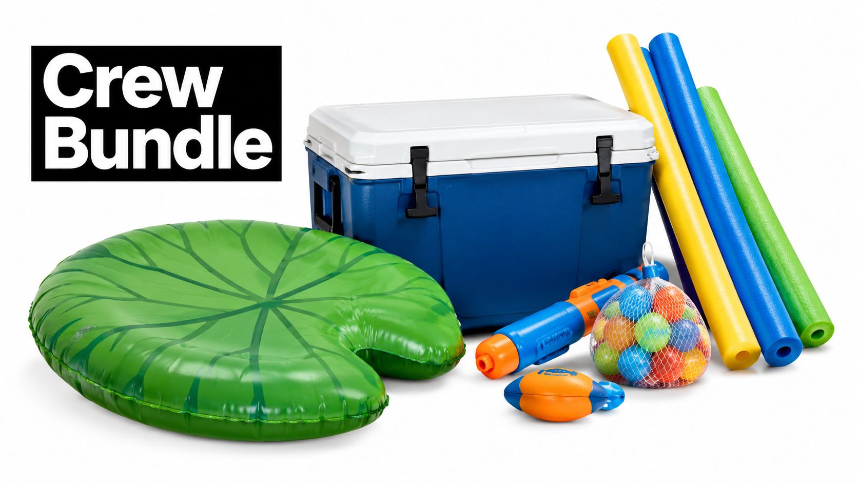 A collection of swimming pool gear including a cooler, water noodles, a lily pad float, and games.