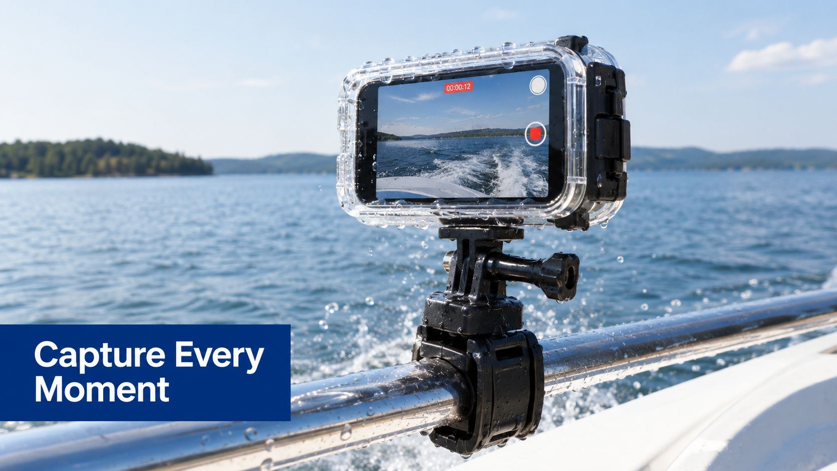 A smartphone in a waterproof case mounted to a boat railing while capturing lake footage.