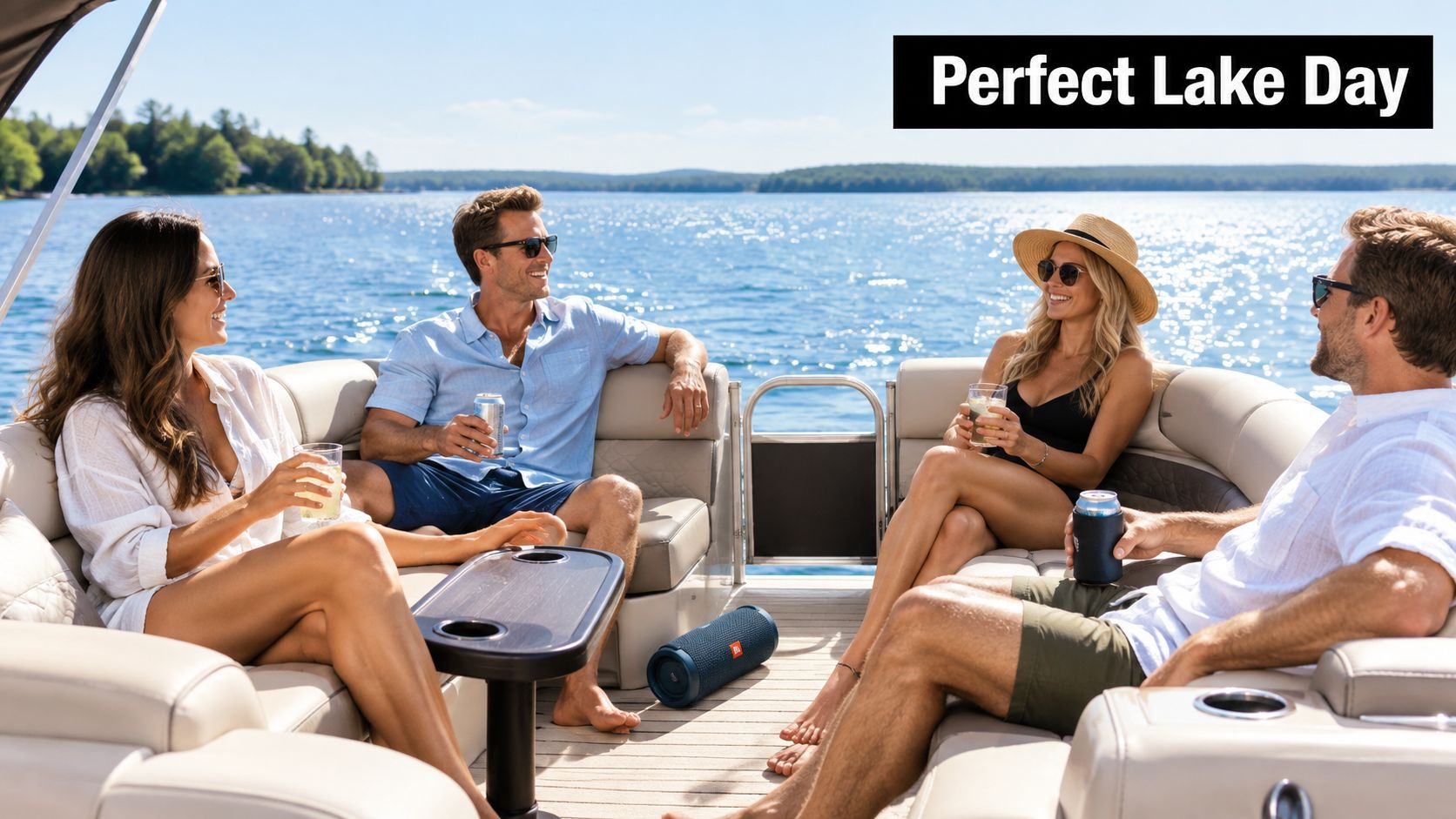 A group of friends enjoy a sunny day while relaxing on a luxurious pontoon boat on the lake.