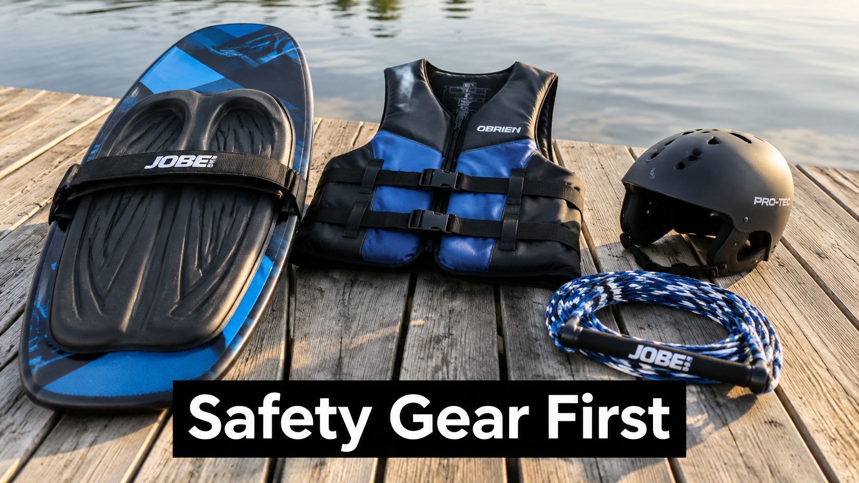 A kneeboard, a life vest, a helmet, and a tow rope placed on a wooden dock.
