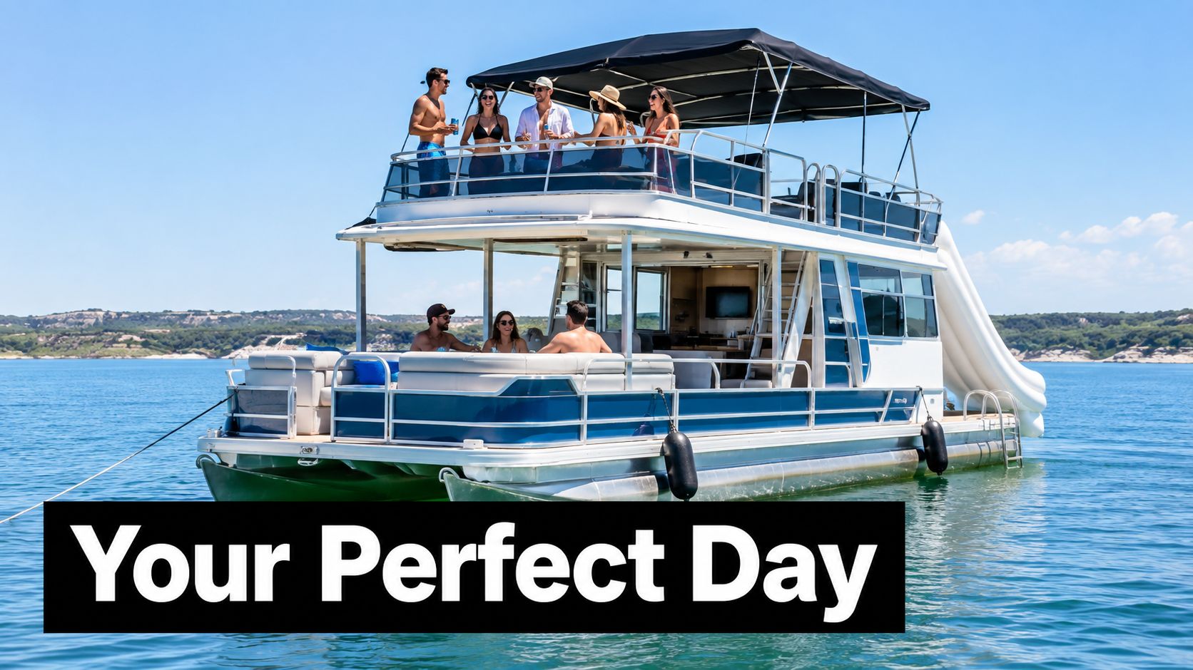A group of friends relaxing on a double-decker party boat in the middle of a lake.