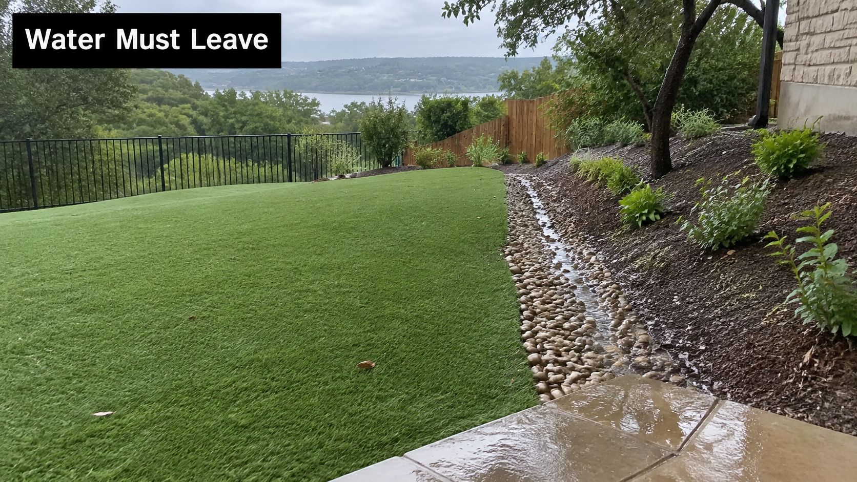 A scenic backyard featuring an artificial lawn with a decorative stone drainage channel running alongside the garden.