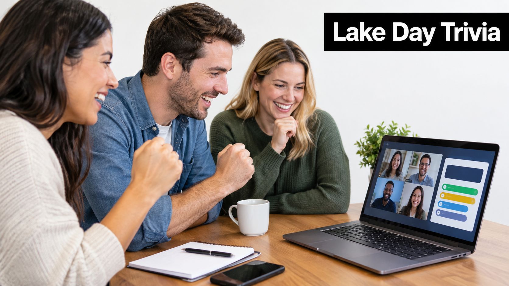 A team of three colleagues sitting at a table smiling while participating in virtual corporate trivia.