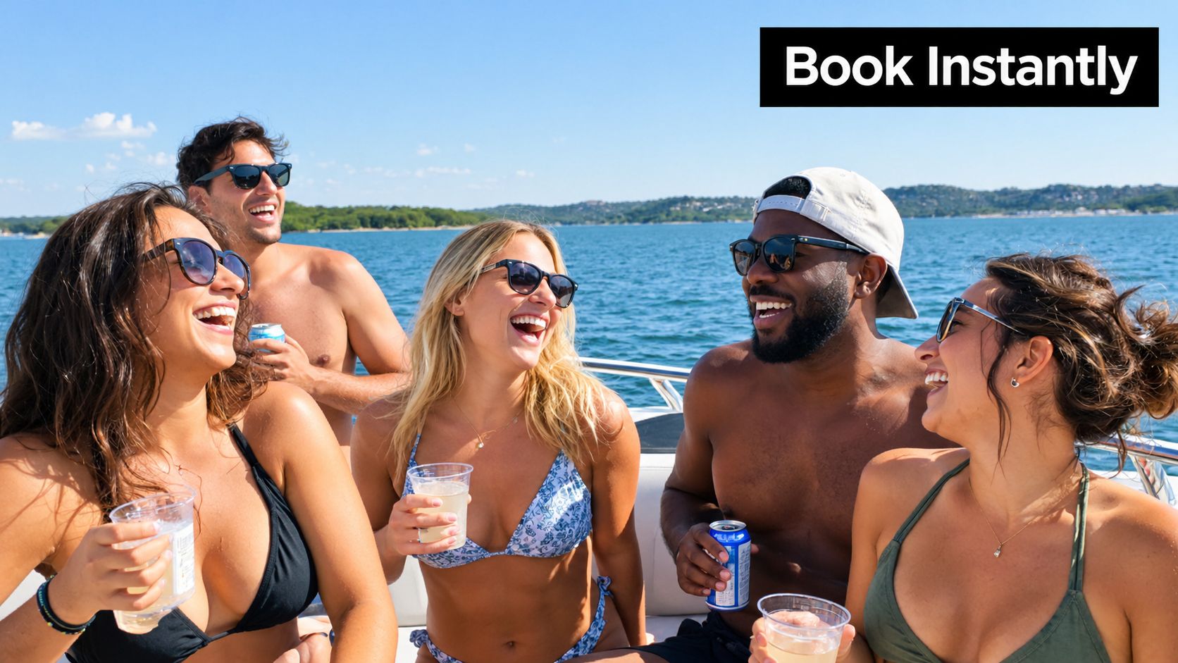 A group of friends laughing while enjoying drinks on a boat during a sunny day.