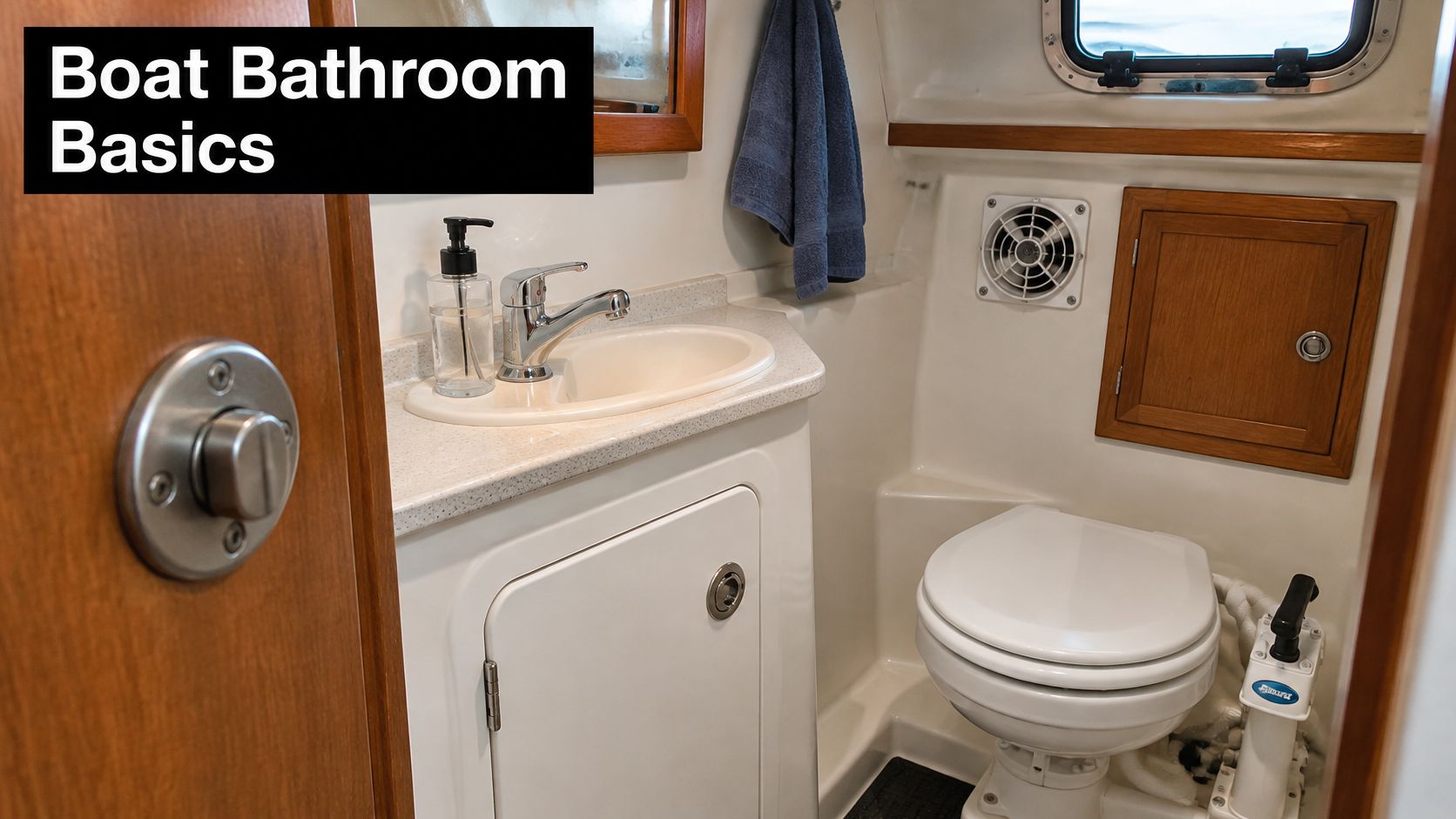 A modern and clean compact bathroom interior located inside a boat, featuring a sink and toilet.