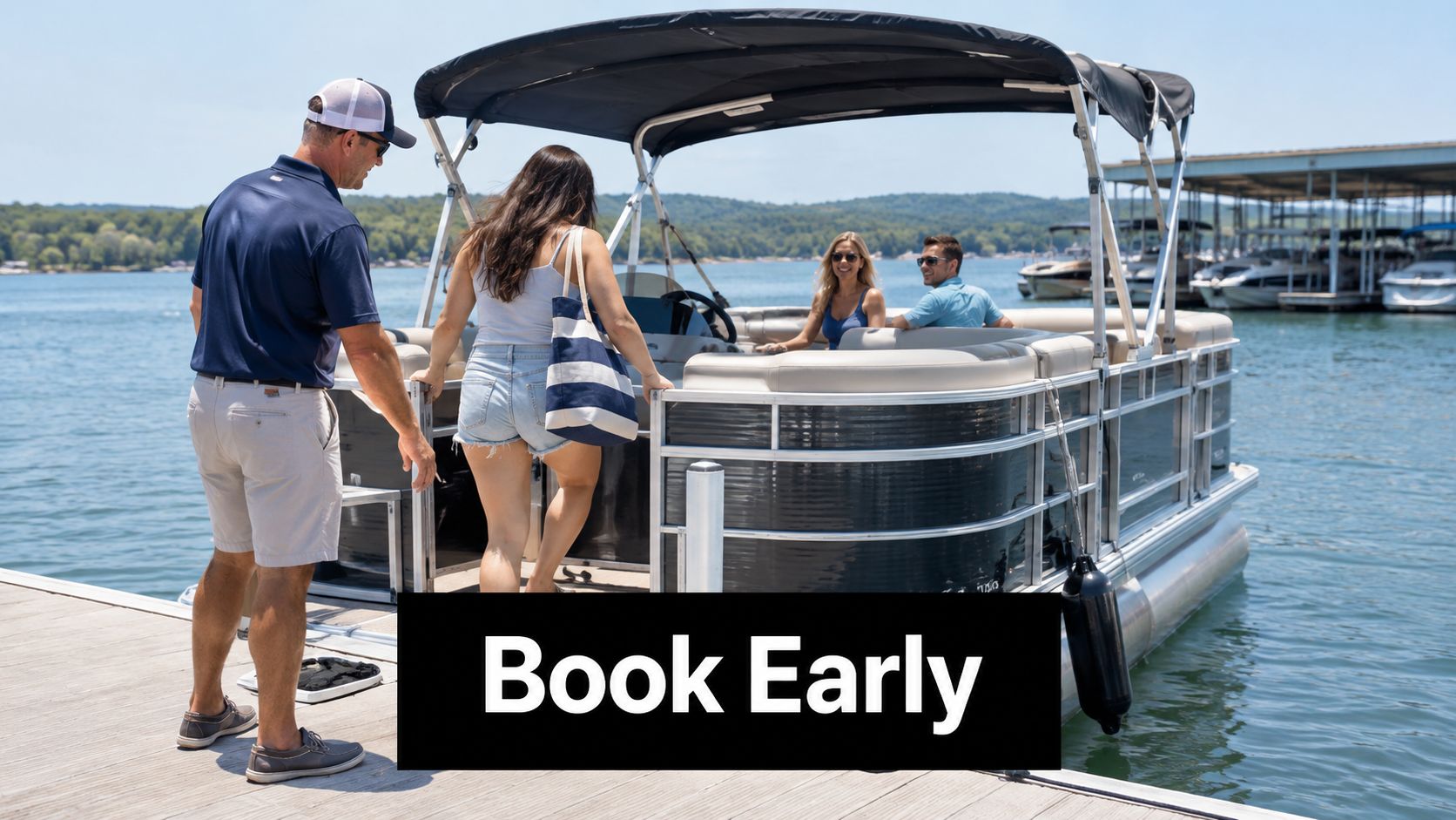 A man and woman boarding a pontoon boat at a marina with friends waiting on board.
