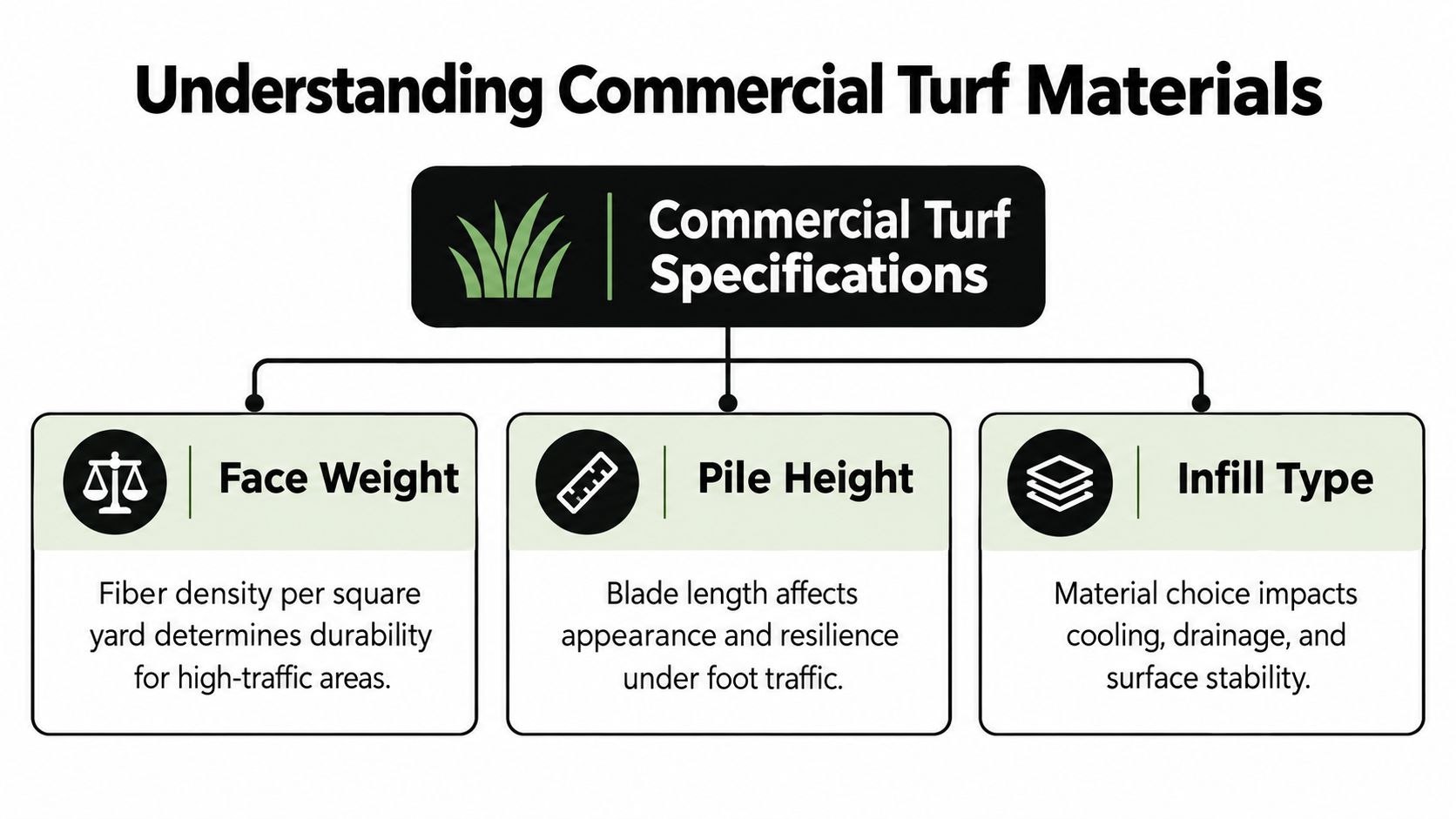 A diagram outlining the three key specifications of commercial turf: face weight, pile height, and infill type.