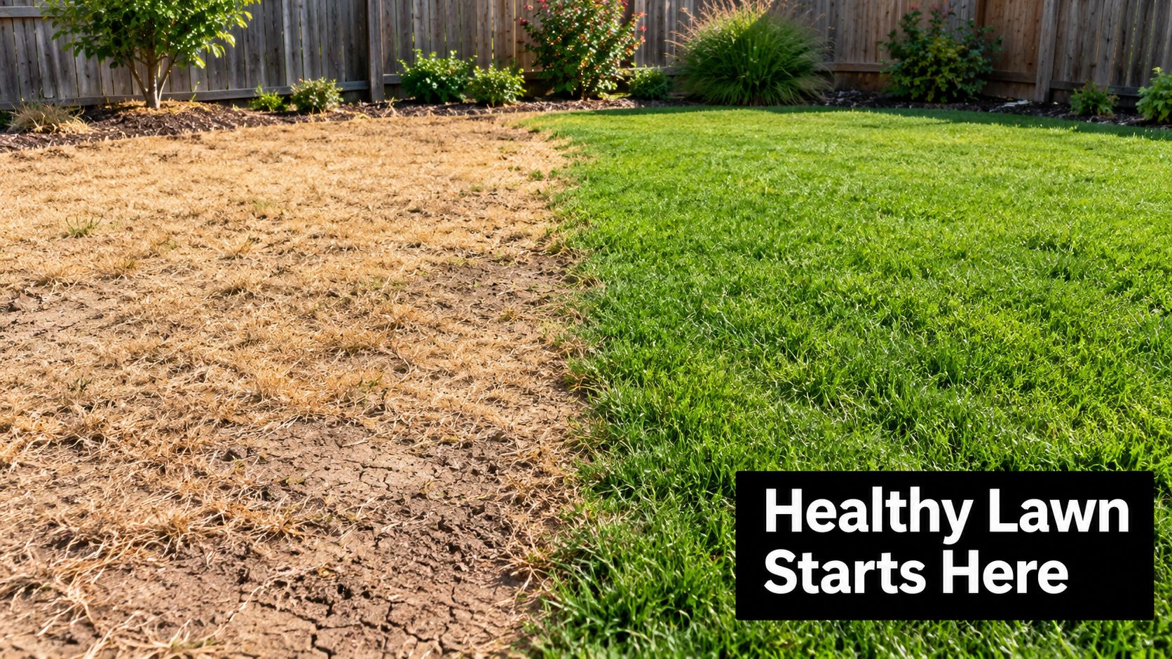 A split view of a backyard showing a dry, dead lawn versus a lush, green lawn.
