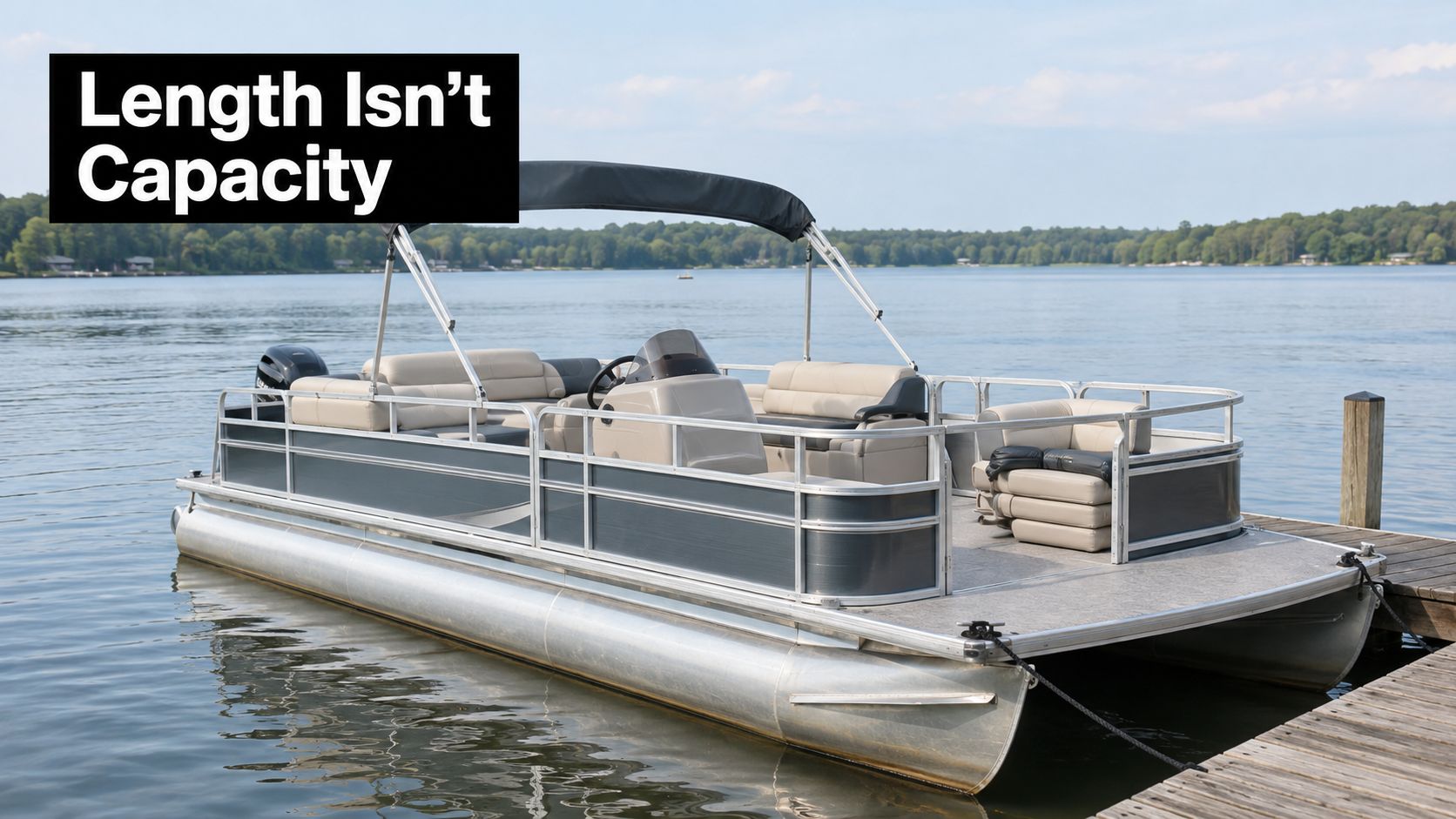 A gray and tan pontoon boat docked on a calm lake on a sunny day.