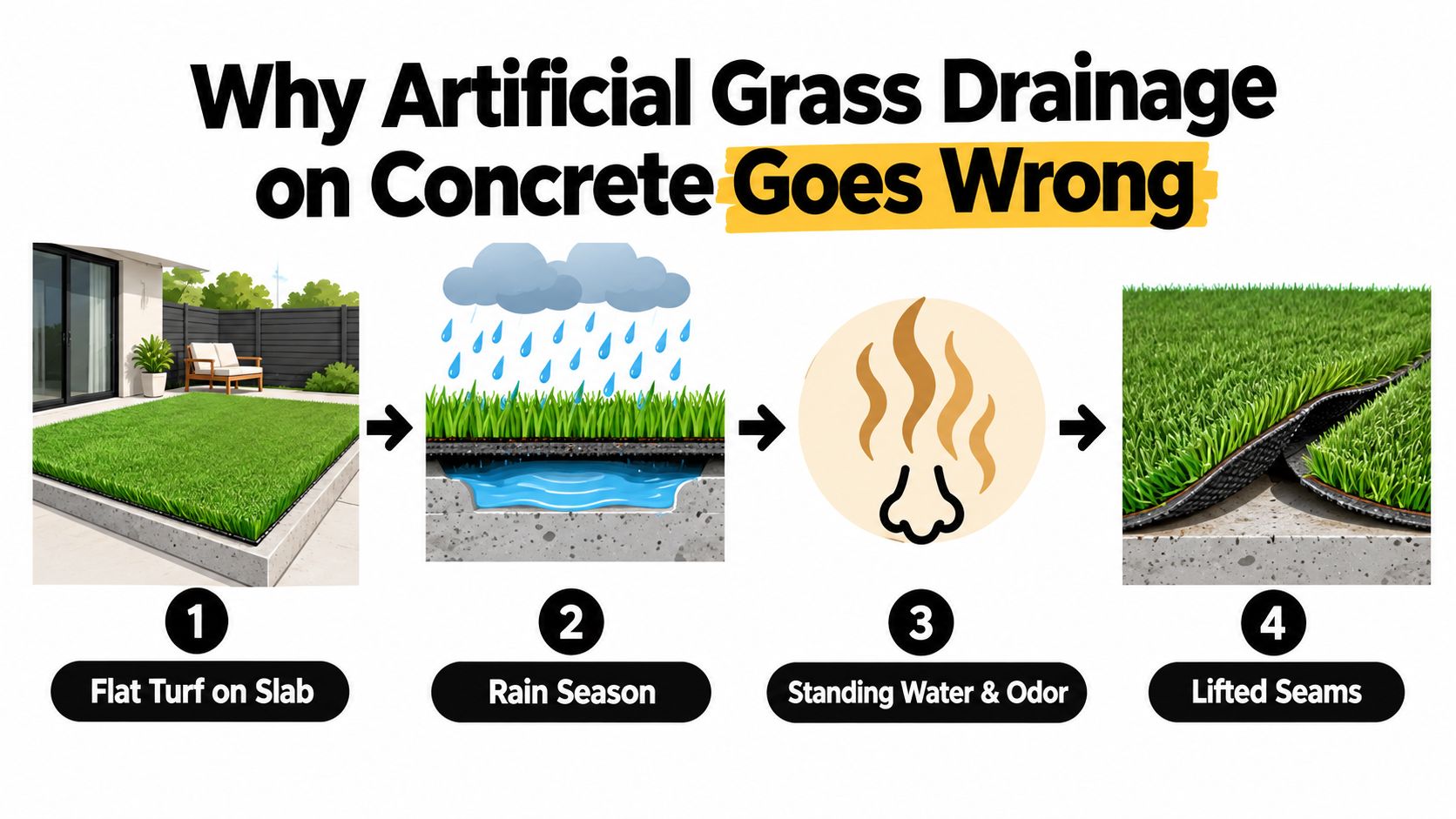 A four-step infographic illustrating how poor artificial grass drainage on concrete leads to water accumulation and damage.
