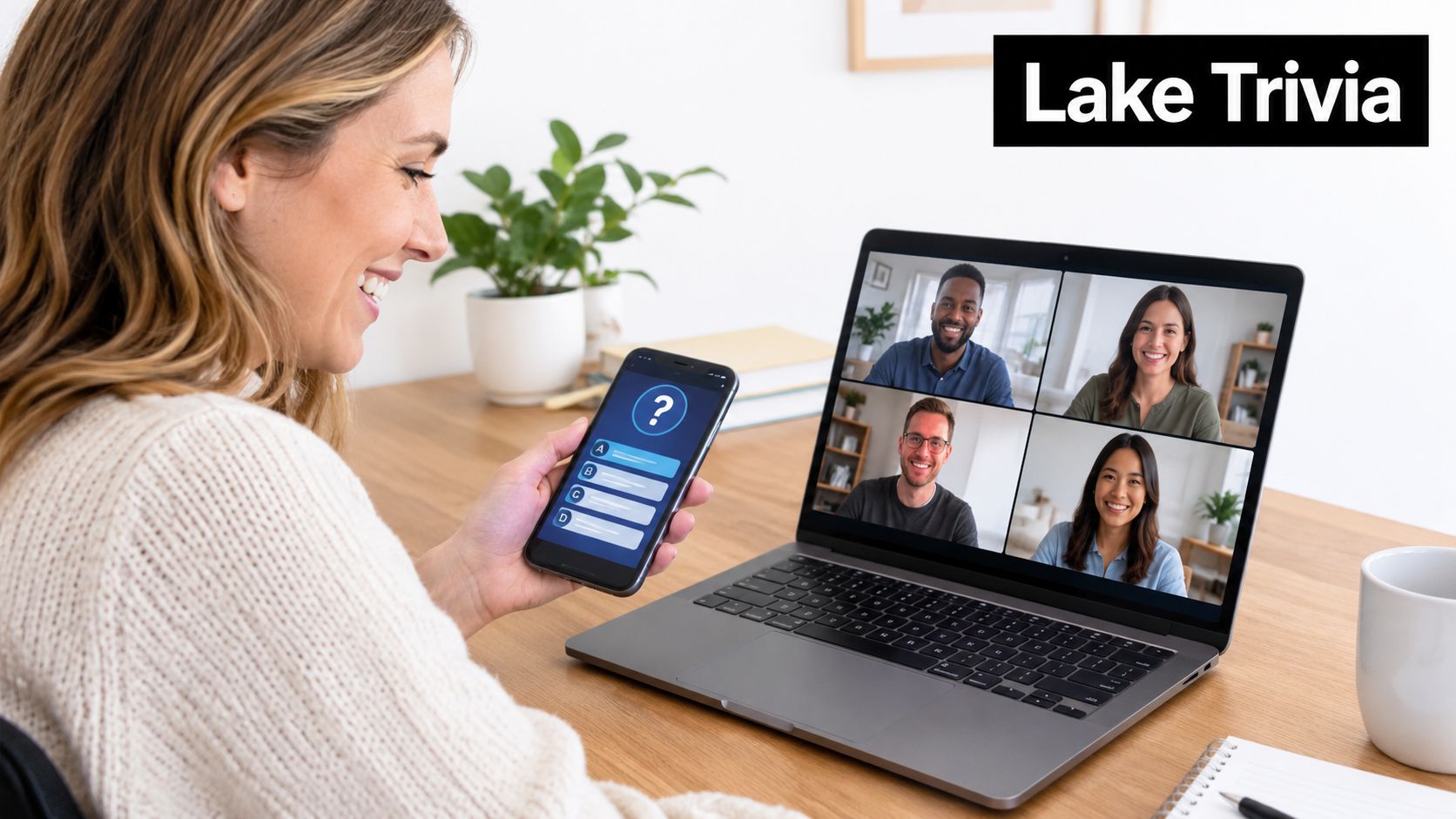 A woman using a smartphone to play an online trivia game with her colleagues via video call.