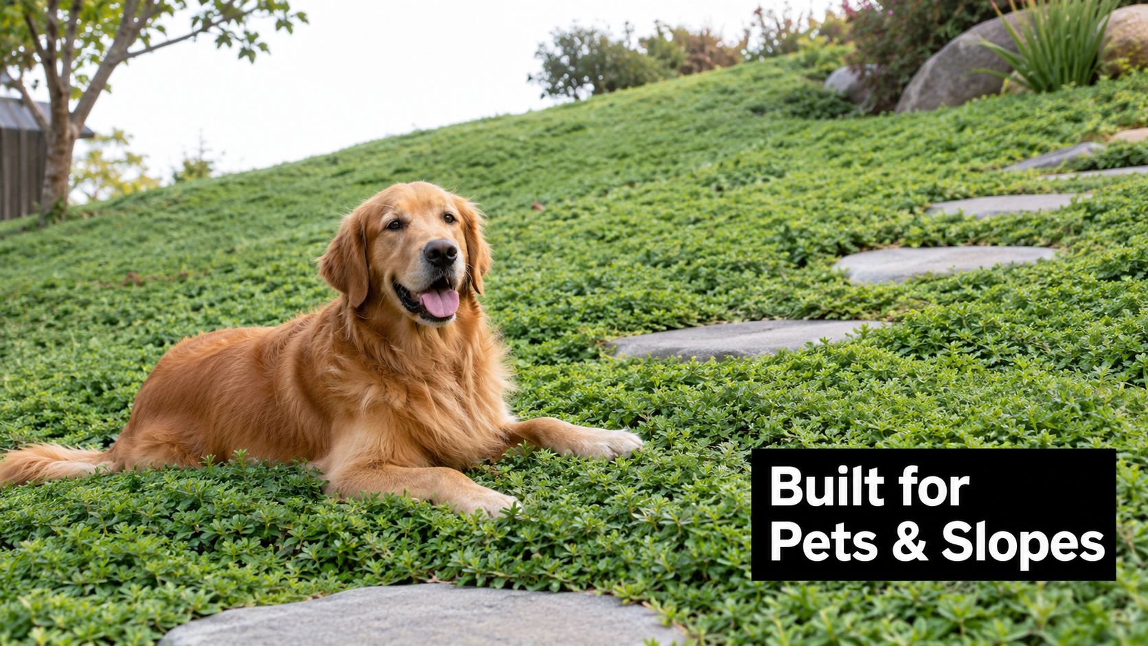 A golden retriever sitting comfortably on a lush green ground cover plant slope with stone pathway steps.