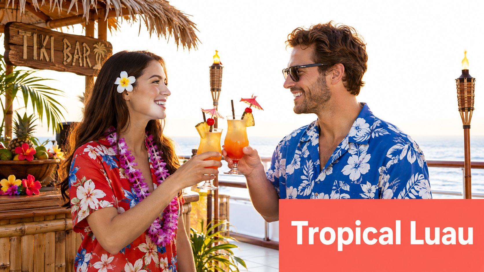A couple in tropical attire toast with colorful cocktails at a Tiki bar on a cruise deck.